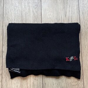 Karl Lagerfeld Paris Ribbed Knit Scarf Black Logo Metal Pin Winter Unisex